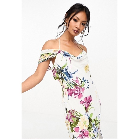 ASOS Design White Floral Cowl Strappy Open Back Bias Maxi Dress Size 12 Large - Picture 4 of 9